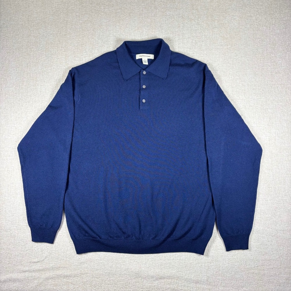 Pronto Uomo Mens Navy Blue 100% Merino Wool Long Sleeve Polo Sweater  L Preppy
